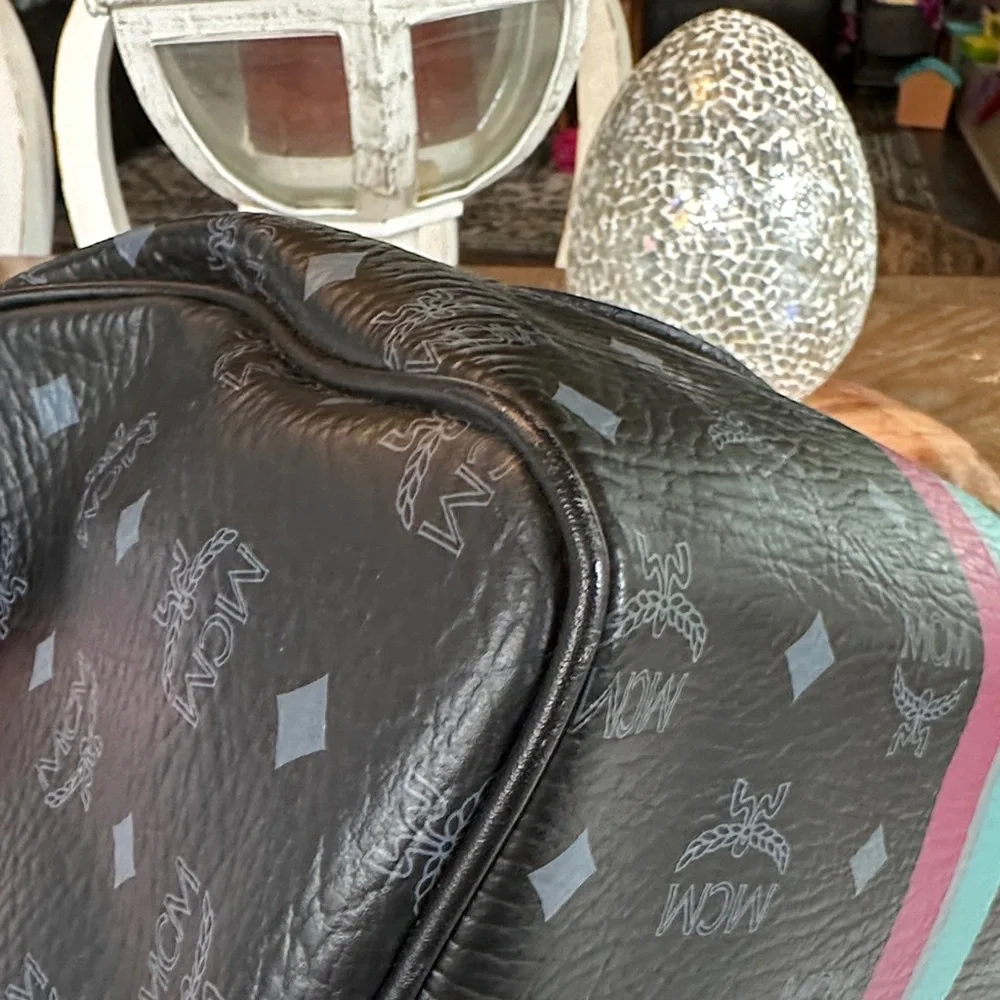 MCM Black Satchel with Pink and Teal Stripes - Picture 8 of 12